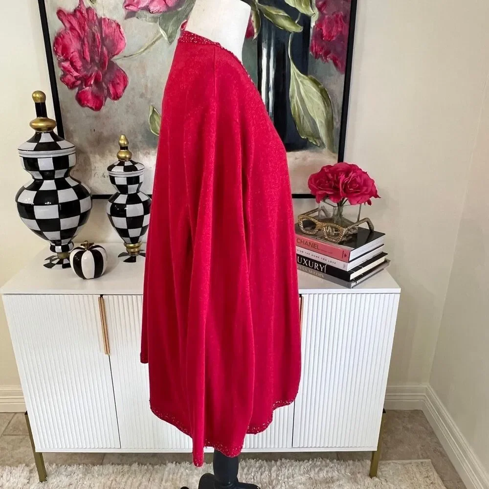 Maggie Barnes Women's Shimmer Knit Beaded Trim Tank & Cardigan Set Red 3X